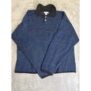Reunion Vintage Blue Black Knit Polo Sweater Large Wool Blend Long Sleeve